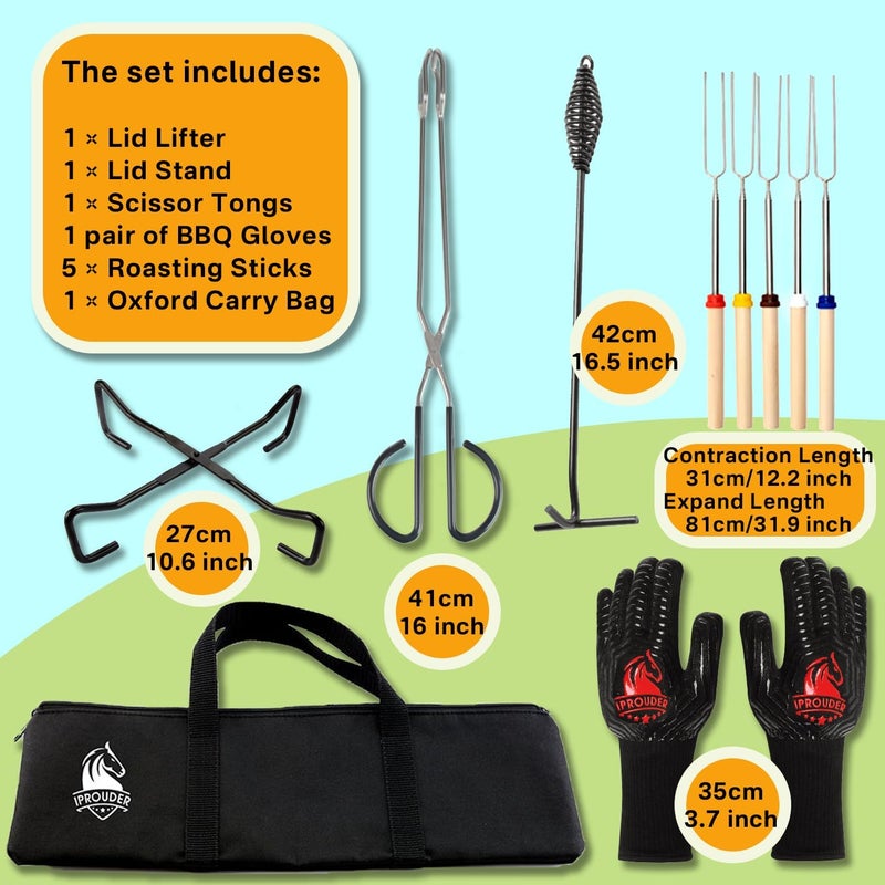 IPROUDER 6-in-1 Dutch Oven Camping Accessories Kit - Campfire Cooking Equipment with Marshmallow Roasting Sticks, Heat-Resistant Gloves, 16" Scissors Tongs, Lid Lifter & Lid Stand - Image 2
